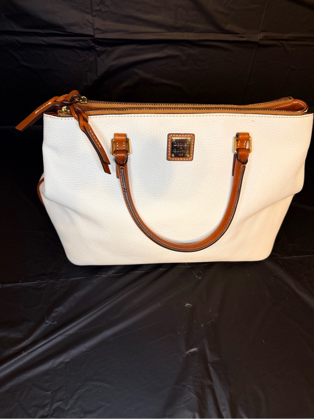Dooney & Bourke White Pebbled Leather Tote with Brown Trim